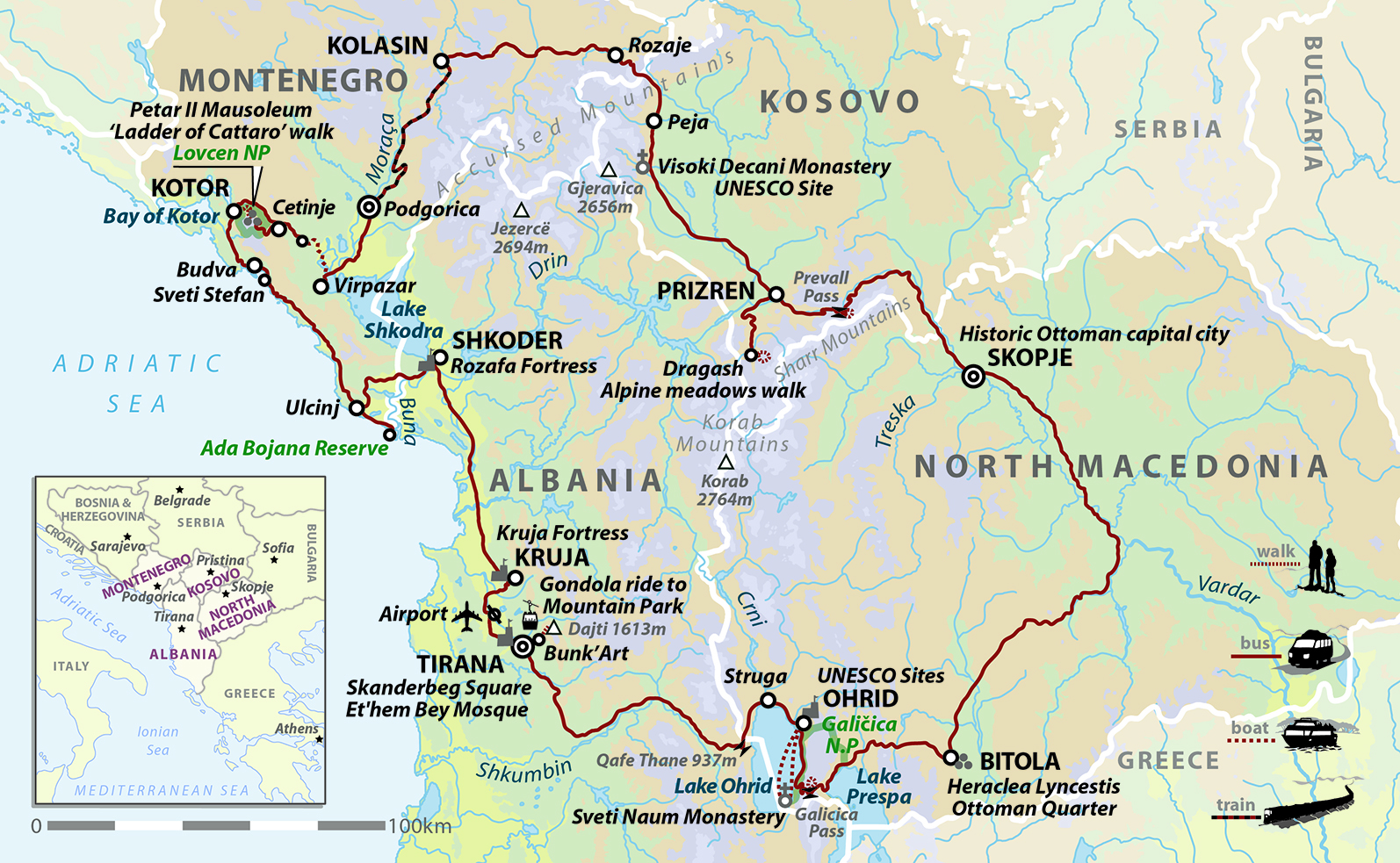 tourhub | Wild Frontiers | Balkans Insider: Albania, North Macedonia, Kosovo & Montenegro | Tour Map
