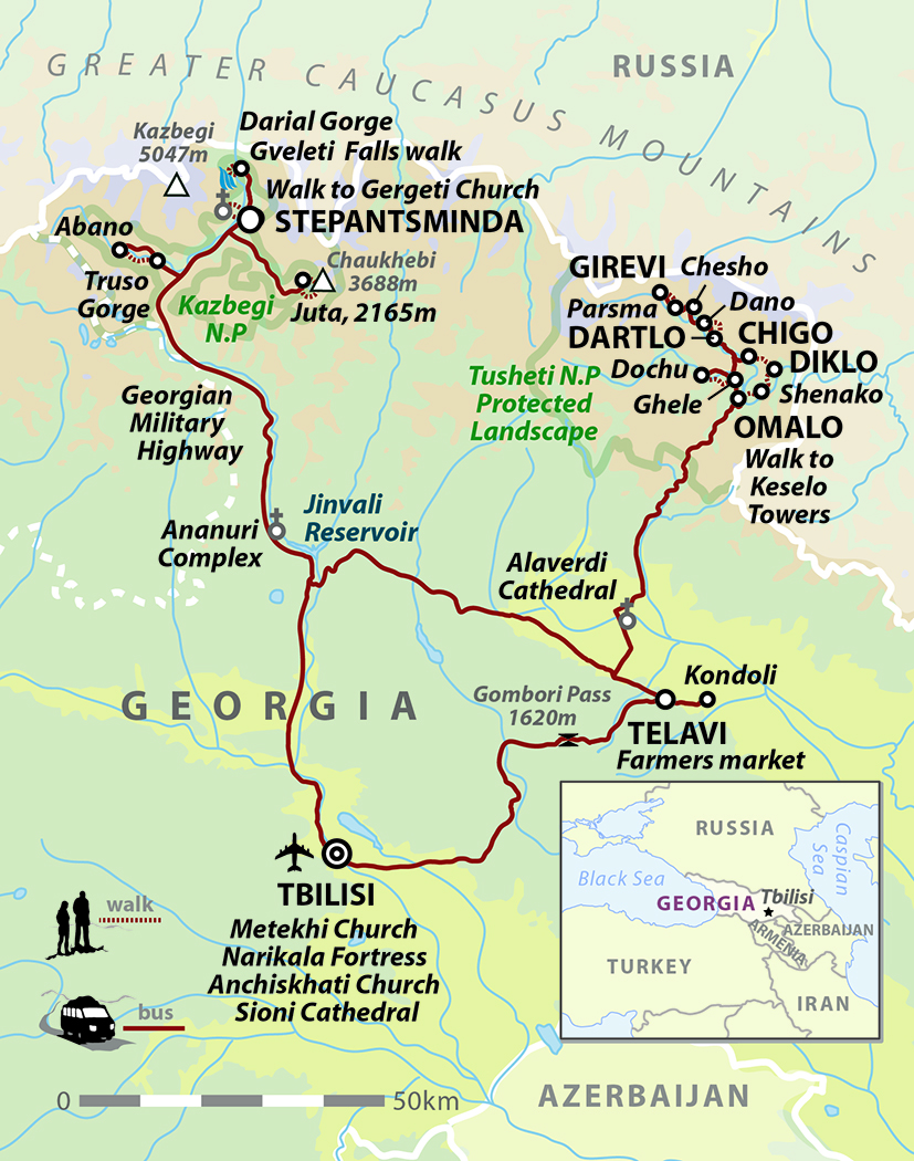 tourhub | Wild Frontiers | Walking in Georgia’s Caucasus Mountains: Kazbegi & Tusheti | Tour Map