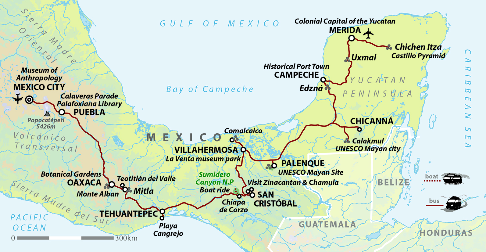 tourhub | Wild Frontiers | Mexico: Through The Mayan Heartlands (Day of the Dead) | Tour Map