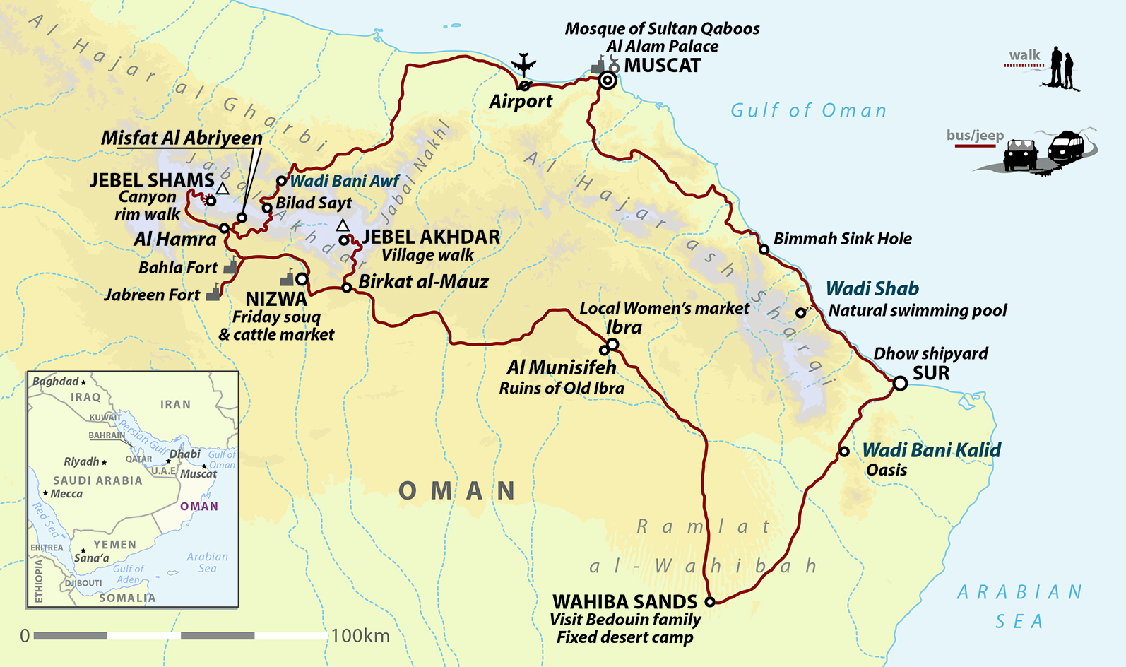 tourhub | Wild Frontiers | Northern Oman: Wadis, Mountains & Coasts | Tour Map