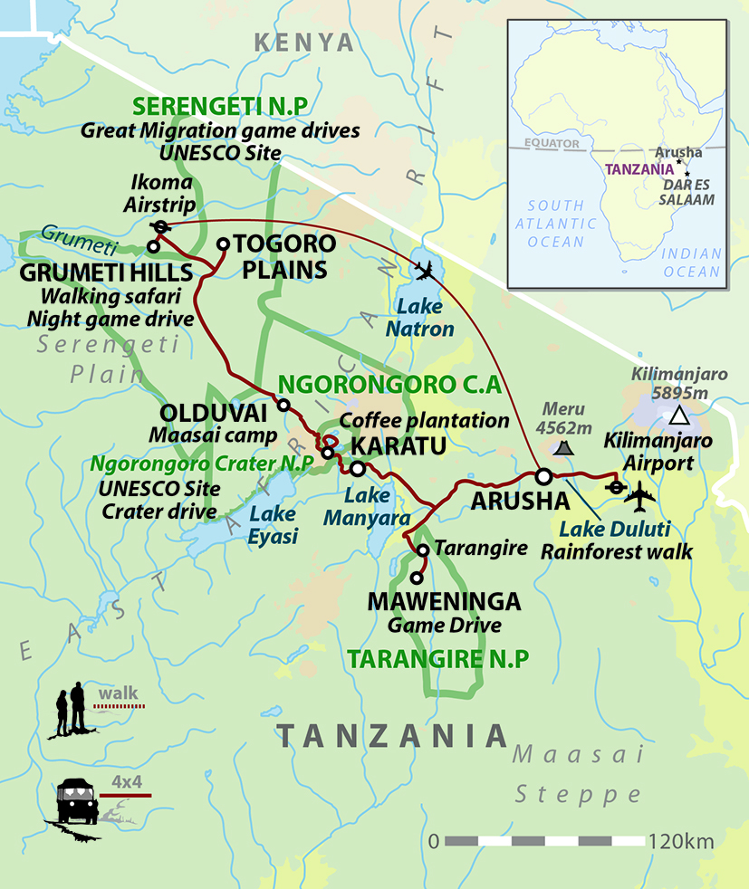 tourhub | Wild Frontiers | Tanzania: Safari, Serengeti & Maasai Heartlands (Shoulder Season) | Tour Map