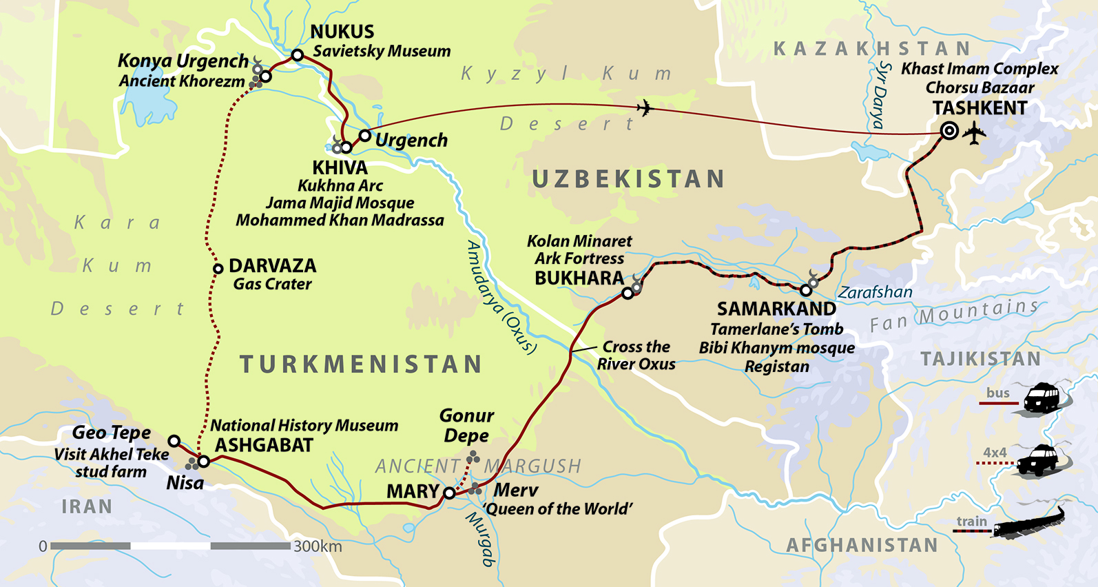 tourhub | Wild Frontiers | Uzbekistan & Turkmenistan: Cities of the Silk Road | Tour Map