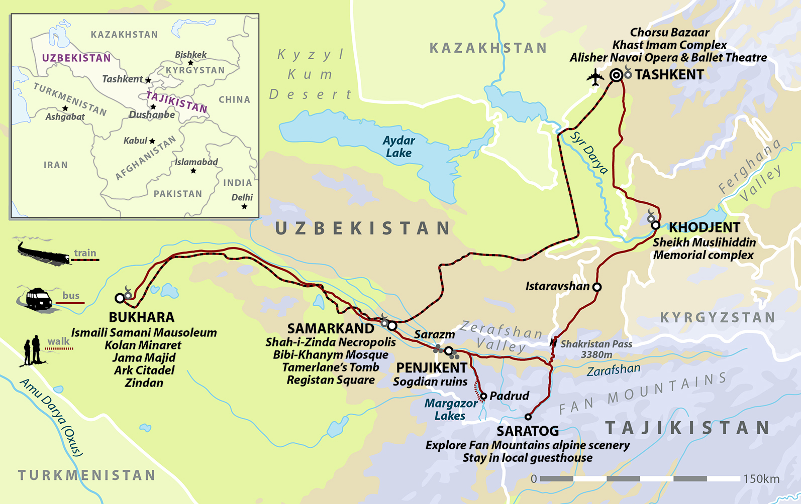 tourhub | Wild Frontiers | Uzbekistan & Tajikistan: Samarkand & The Fan Mountains | Tour Map