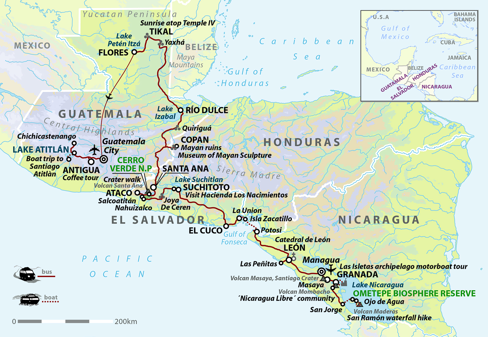 tourhub | Wild Frontiers | Central American Odyssey: Nicaragua, El Salvador, Honduras & Guatemala | CAO | Route Map