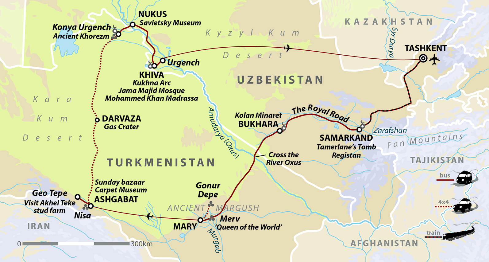 tourhub | Wild Frontiers | Uzbek & Turkmen: Cities of the Silk Road | Tour Map