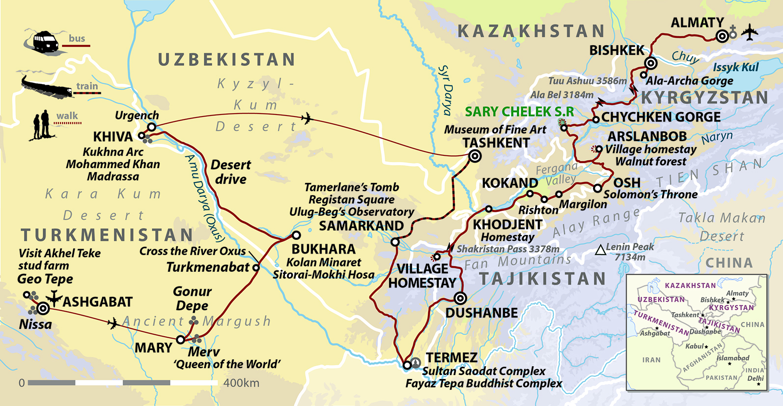 tourhub | Wild Frontiers | Silk Road: The Five 'Stans of Central Asia (Almaty - Ashgabat) | Tour Map