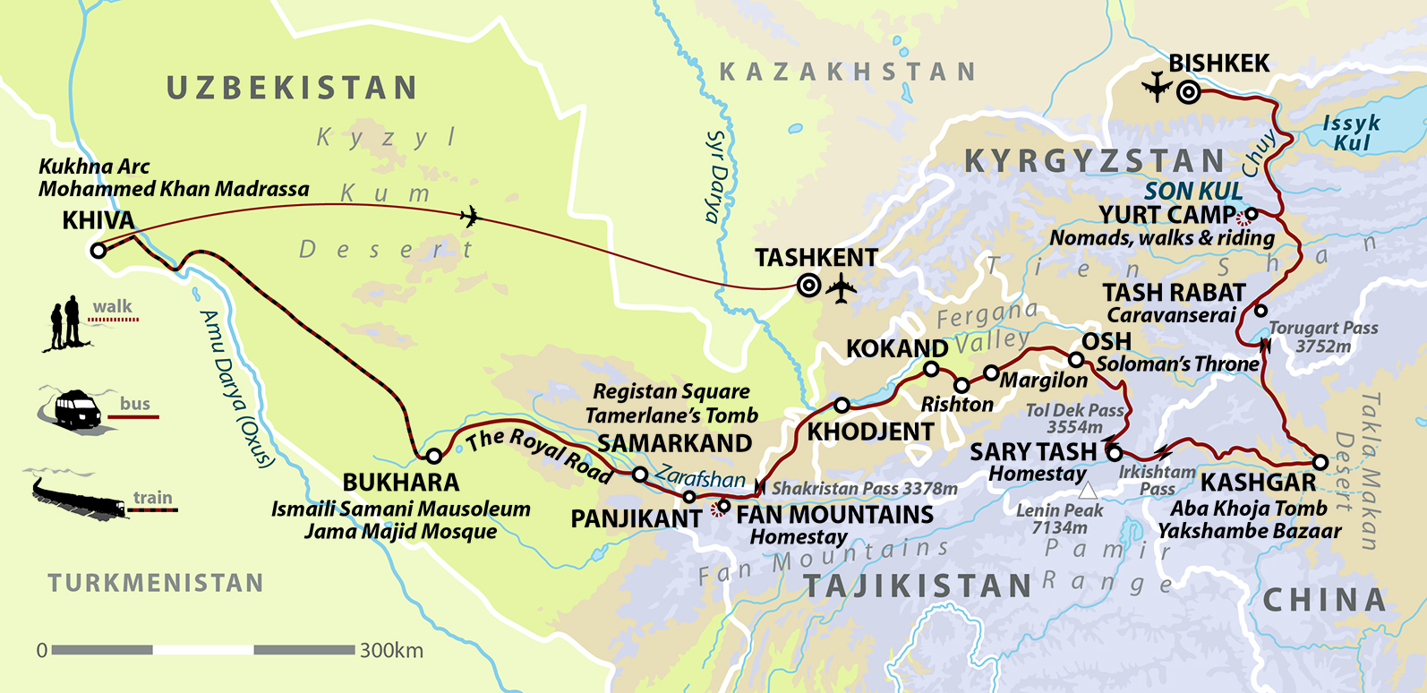 tourhub | Wild Frontiers | Silk Road Odyssey: Kyrgyzstan, China, Uzbekistan & Tajikistan | Tour Map