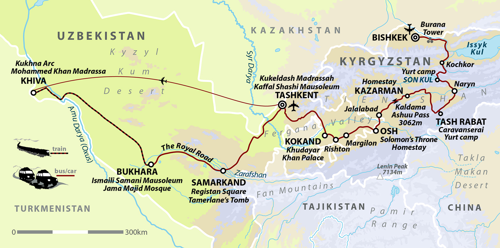 tourhub | Wild Frontiers | Kyrgyzstan & Uzbekistan - Mountains and Cities of the Silk Road | Tour Map
